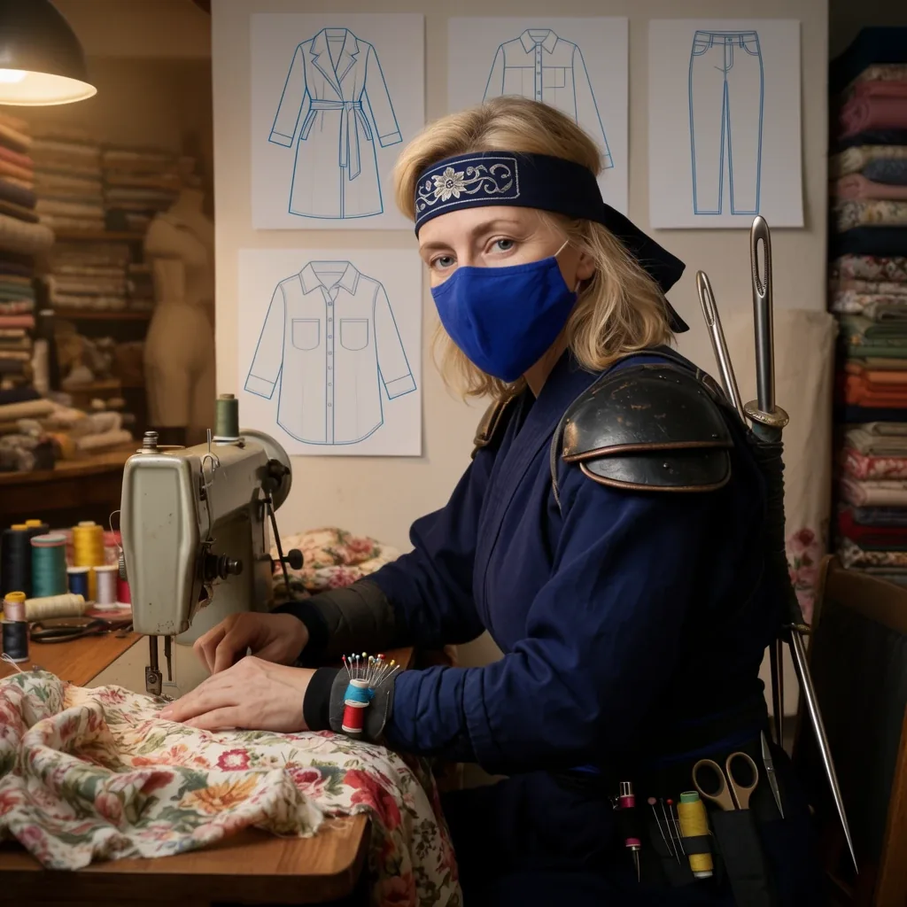 The maker looking at the camera in a blue mask and headband