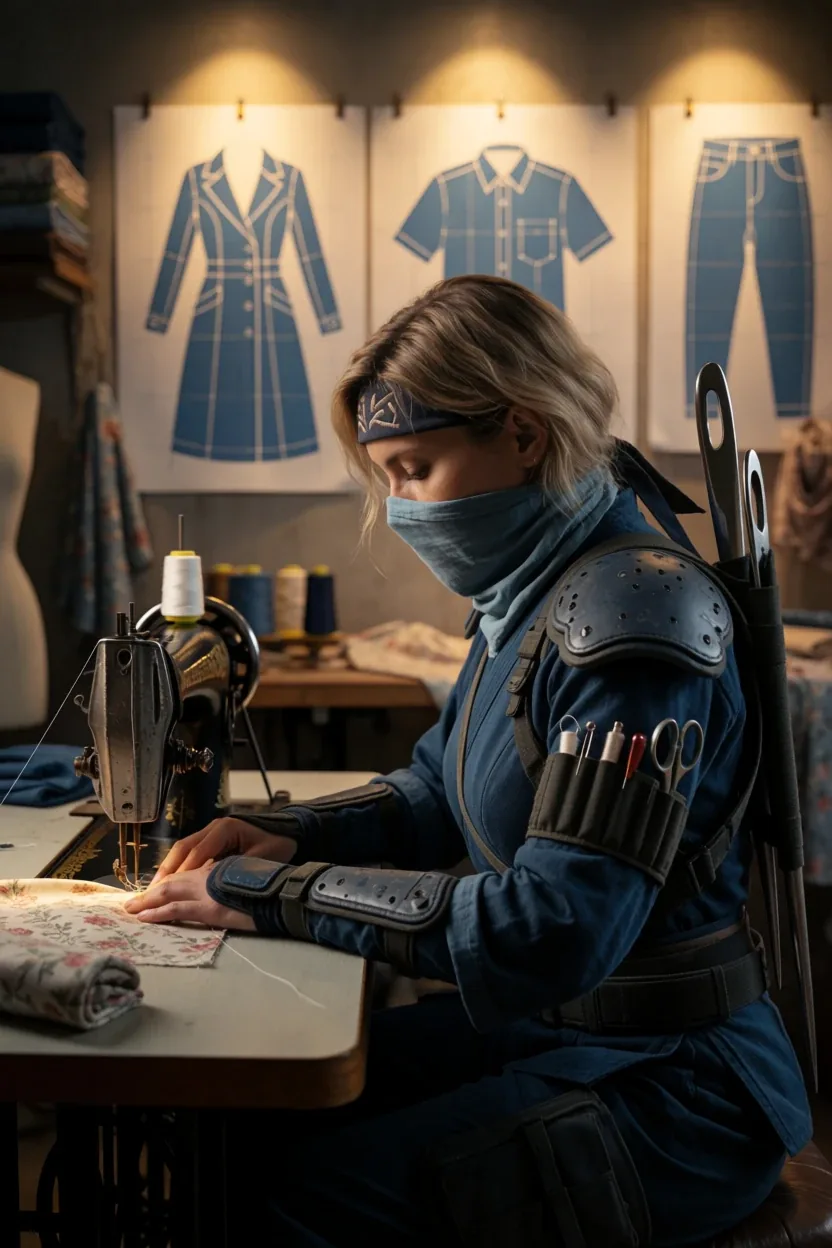 The maker at the sewing machine, seen from the side