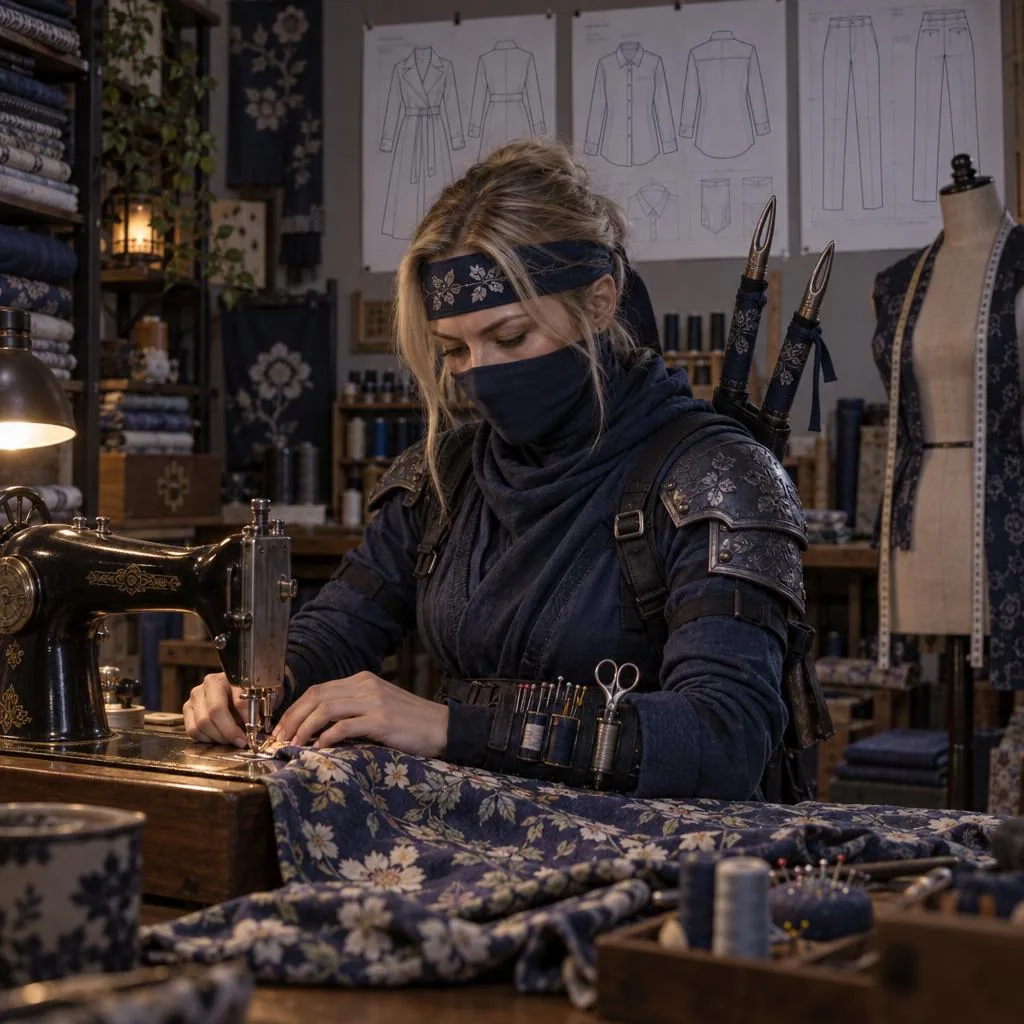 The room, full of indigo fabric and a dress form